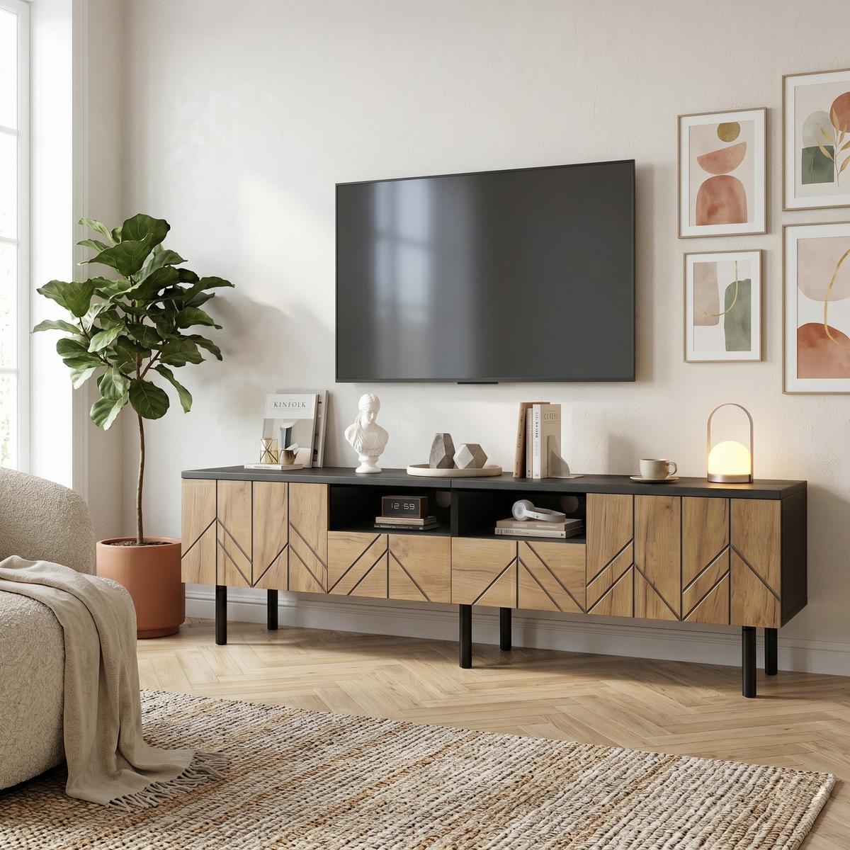 TV-LOWBOARD 180cm Schwarz & Holzoptik mit Türen & Schubladen - Naturfarben, Holzwerkstoff (180/45/40cm) - Urban Meuble