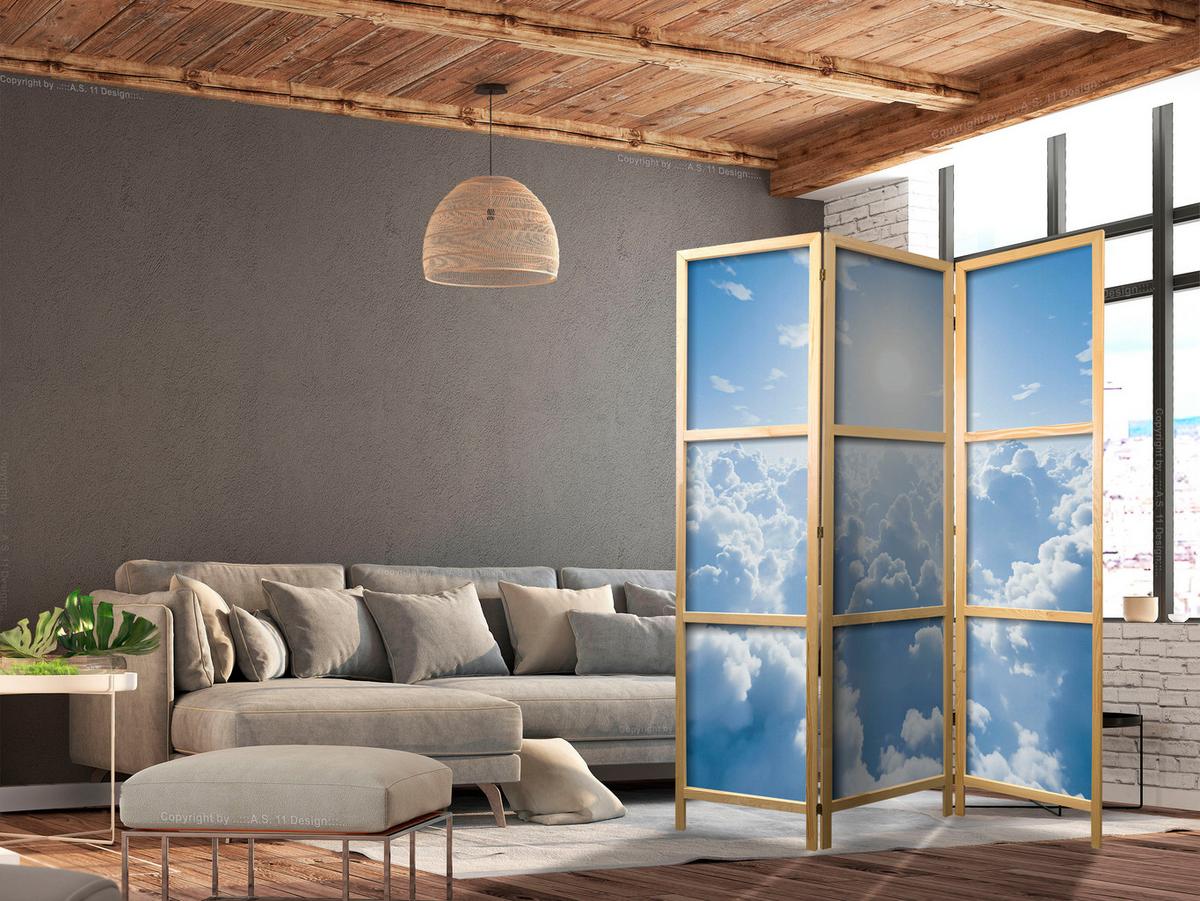 PARAVENT Japanischer 3-tlg 135x172 cm Wolken Und Sonne - Blau, Holz/Textil (135/172/3cm) - Muralo