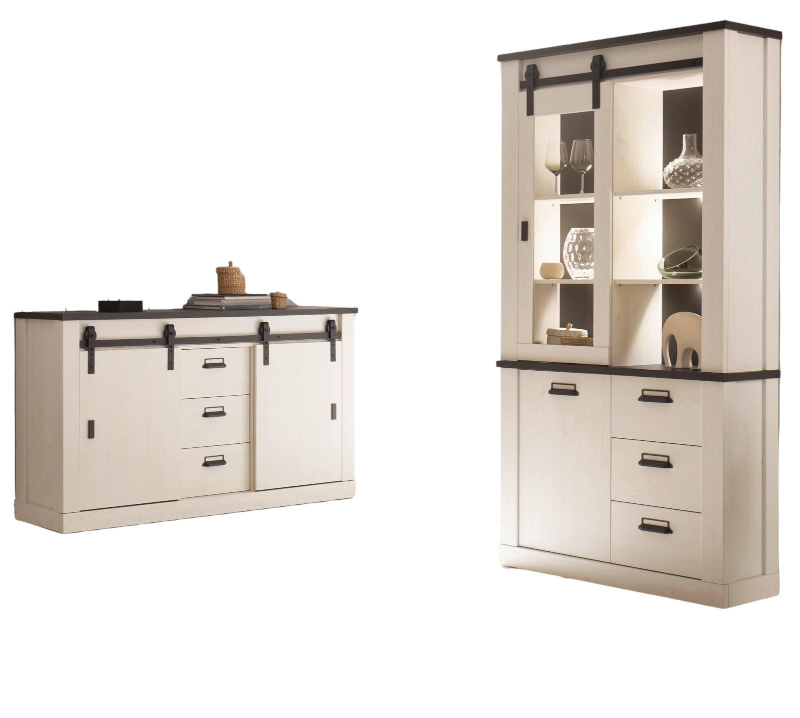 ESSZIMMER-SET weiß Pinie, anthrazit Landhaus, Wohnkombination 2-teilig - Anthrazit/Weiß, Holzwerkstoff/Metall (275/201/43cm) - Furn.Design
