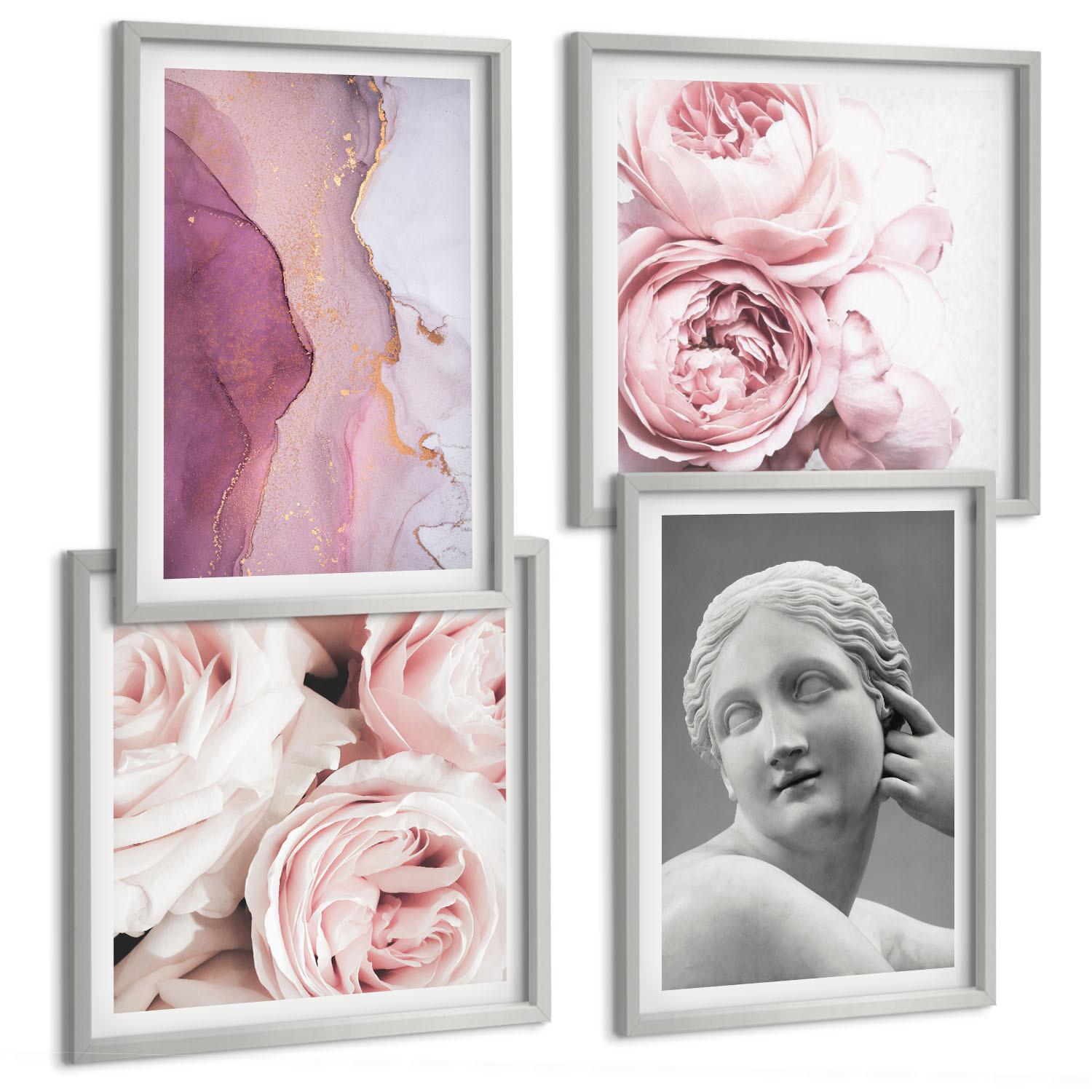 BILDER SET 4er Set - 50x50 cm & 40x60 cm Silberner Rahmen - Pfingstrosenskulptur einer Frau - Silberfarben, Kunststoff (50/50cm) - TULUP