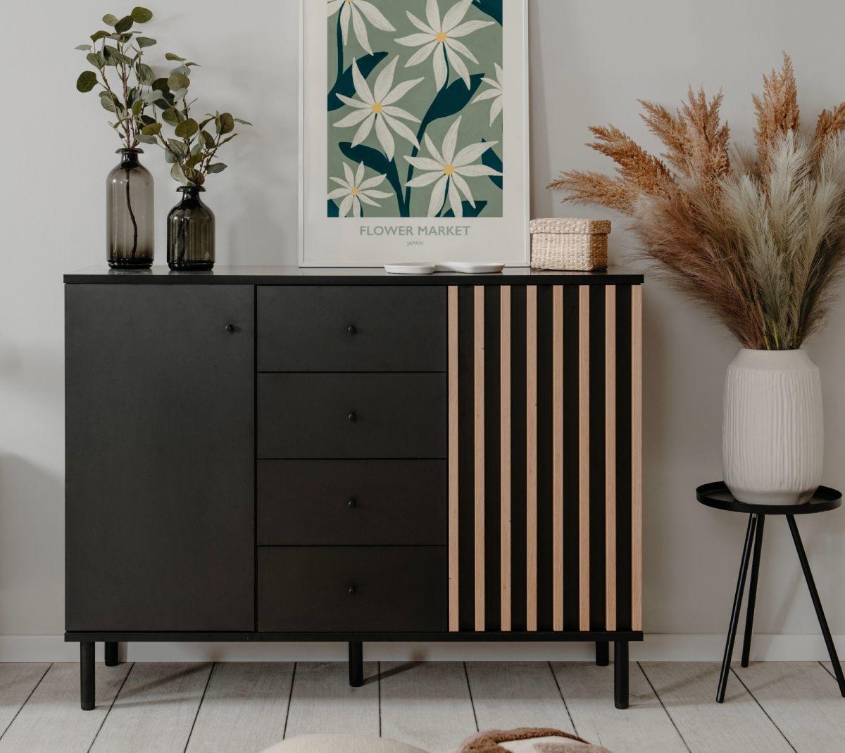 KOMMODE schwarz, Eiche Artisan 118, Sideboard mit viel Stauraum - Schwarz/Eiche Artisan, Holzwerkstoff/Metall (118/90/40cm) - Furn.Design