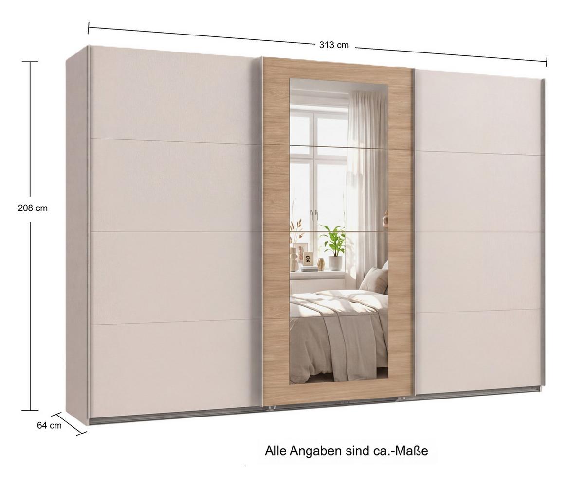 SCHWEBETÜRENSCHRANK 3-türig B313/H208/64 cm Kleiderschrank in Beige Grau, Spiegel umrahmt in Eiche Natur, Griffe Beige Grau / 22631 - Beige/Grau, Holzwerkstoff/Metall (313/208/64cm) - luma-home
