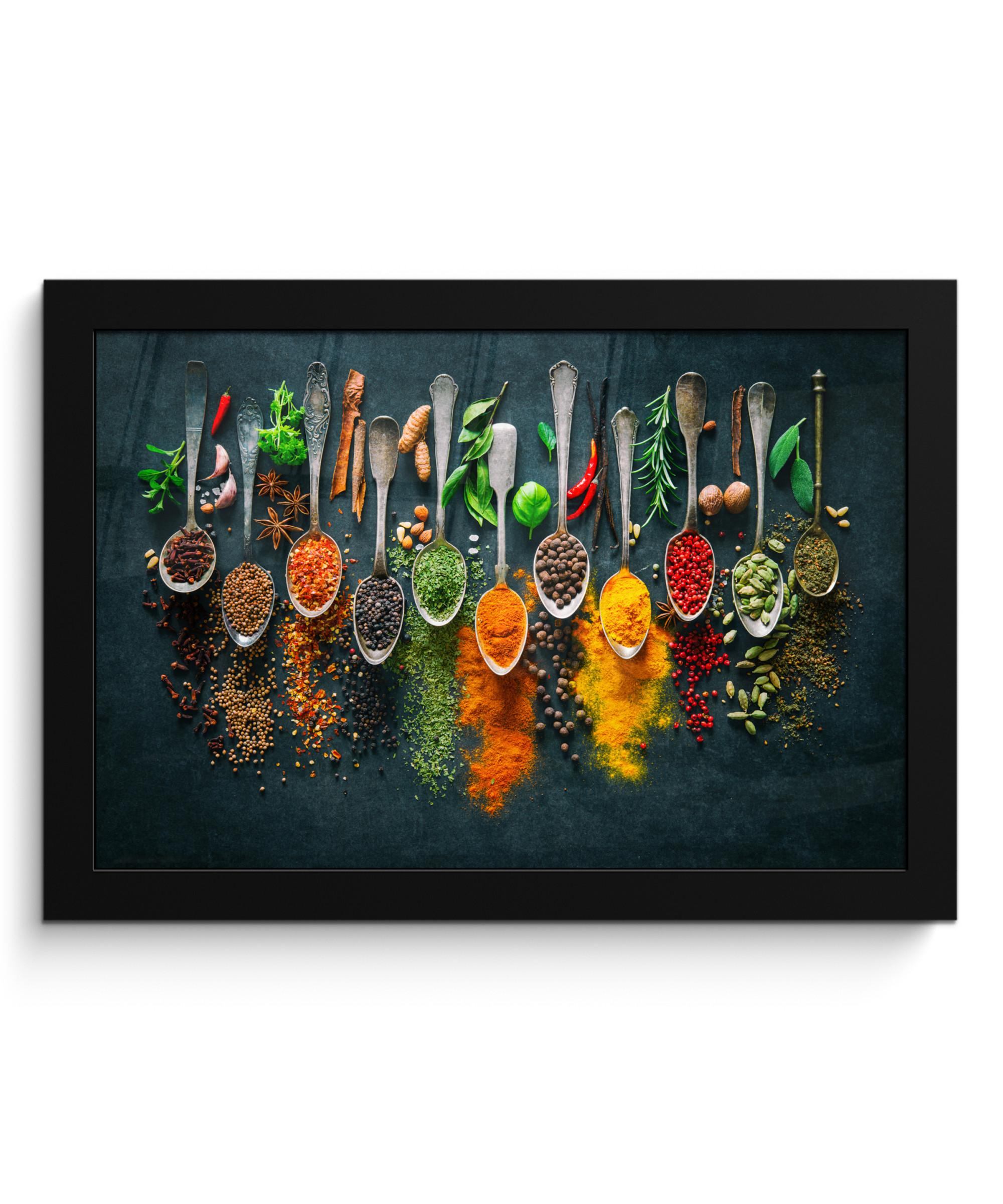POSTER MIT RAHMENGERAHMTES BILD Kräuter - Gewürze - Löffel 30x20 cm - Currygelb, Papier (30/20cm) - MuchoWow