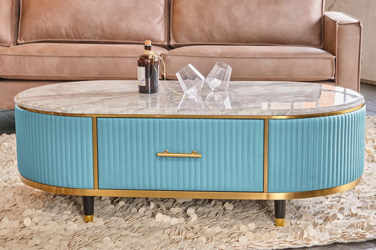 COUCHTISCH MARIA Hellblau Marmor, Kunstleder - Schwarz/Hellblau, Stein/Metall (70/130/45cm) - KAWOLA