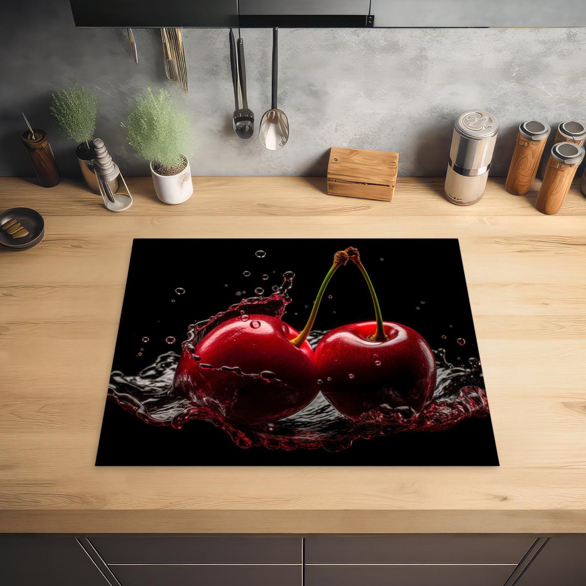 HERDABDECKPLATTE Kirsche - Rot - Frucht - Wasser - Schwarz Herdabdeckung Induktionsfeld 65x52 cm - Kirschrot, Kunststoff (65/52/0.2cm) - MuchoWow