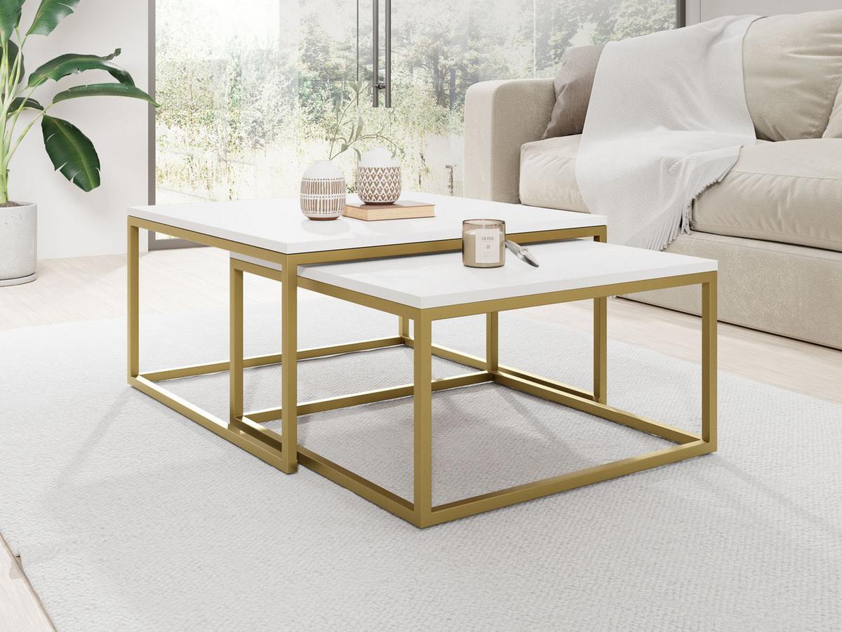 COUCHTISCHE Vella Gold 2er-Set quadratisch, Weiß 76/76/39cm + 66/66/34 cm - Goldfarben/Weiß, Holzwerkstoff/Metall (76/76/39cm) - WFL GROUP