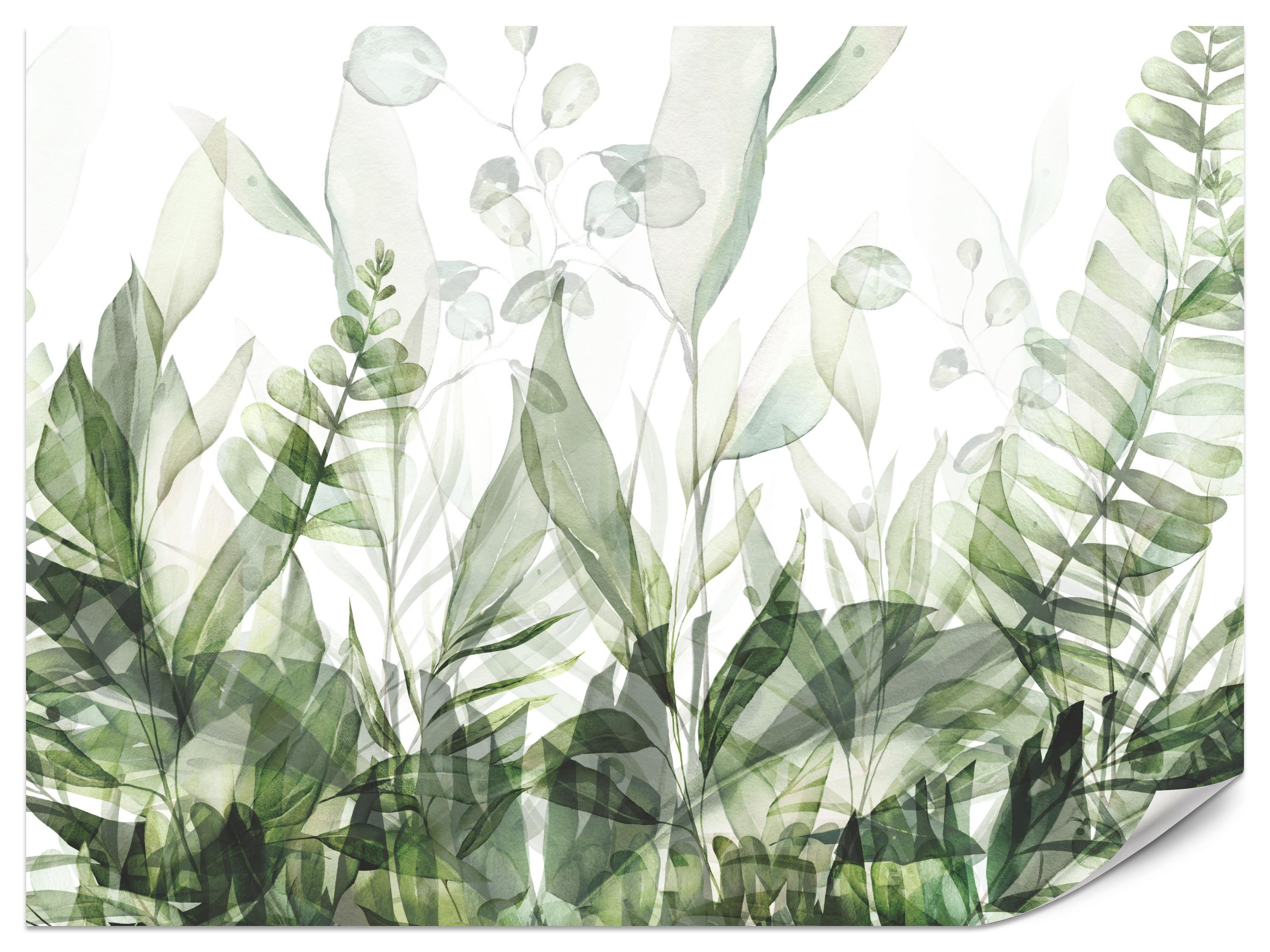 FOTOTAPETE für Schlafzimmer Aquarell Tropische Grüne Blätter Exotisch Blätter 200x140 - Weiß/Grün, Papier (200/140cm) - Muralo
