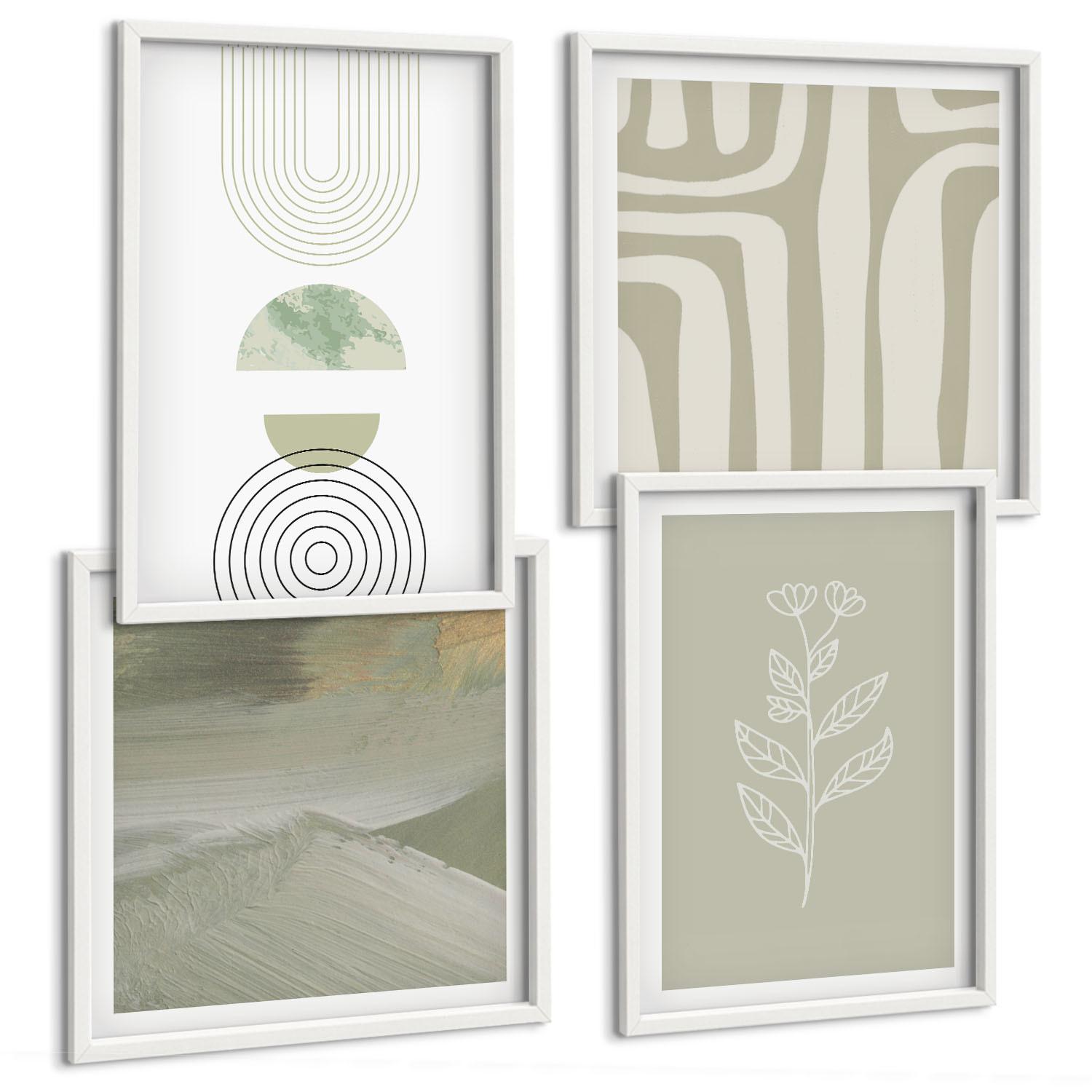 BILDER SET 4er Set - 50x50 cm & 40x60 cm Weißer Rahmen - Geometrische Pflanzenmuster - Weiß, Kunststoff (50/50cm) - TULUP
