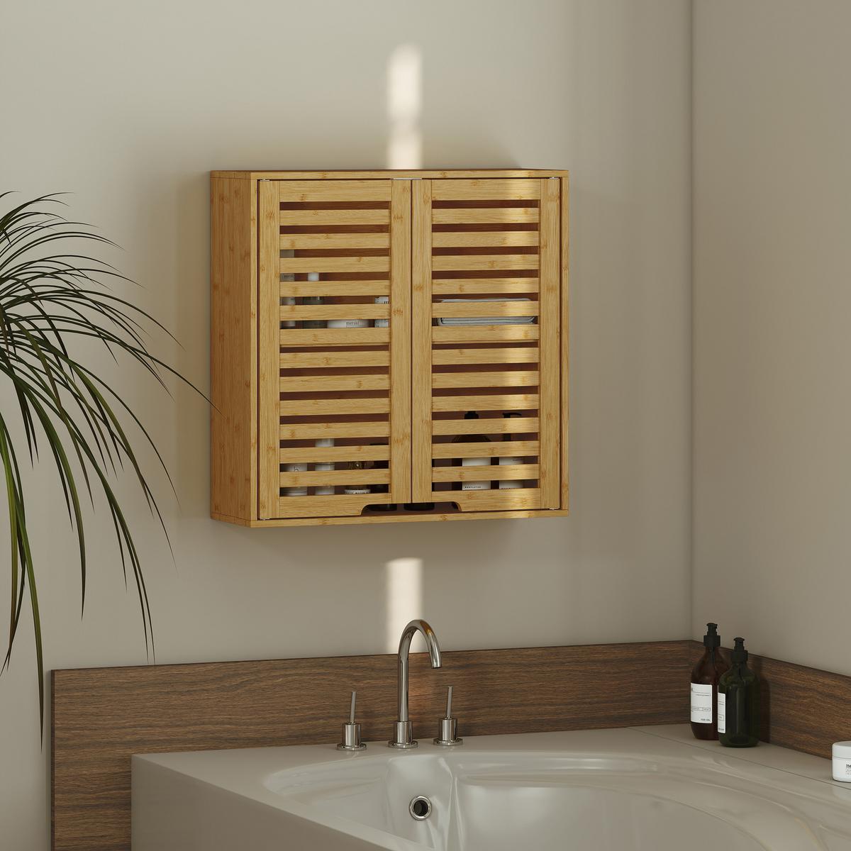 BADEZIMMERSCHRANK Wandschrank aus Bambus mit atmungsaktiven Lamellentüren Natur - Naturfarben, Naturmaterialien (20/60/60cm) - HOMCOM