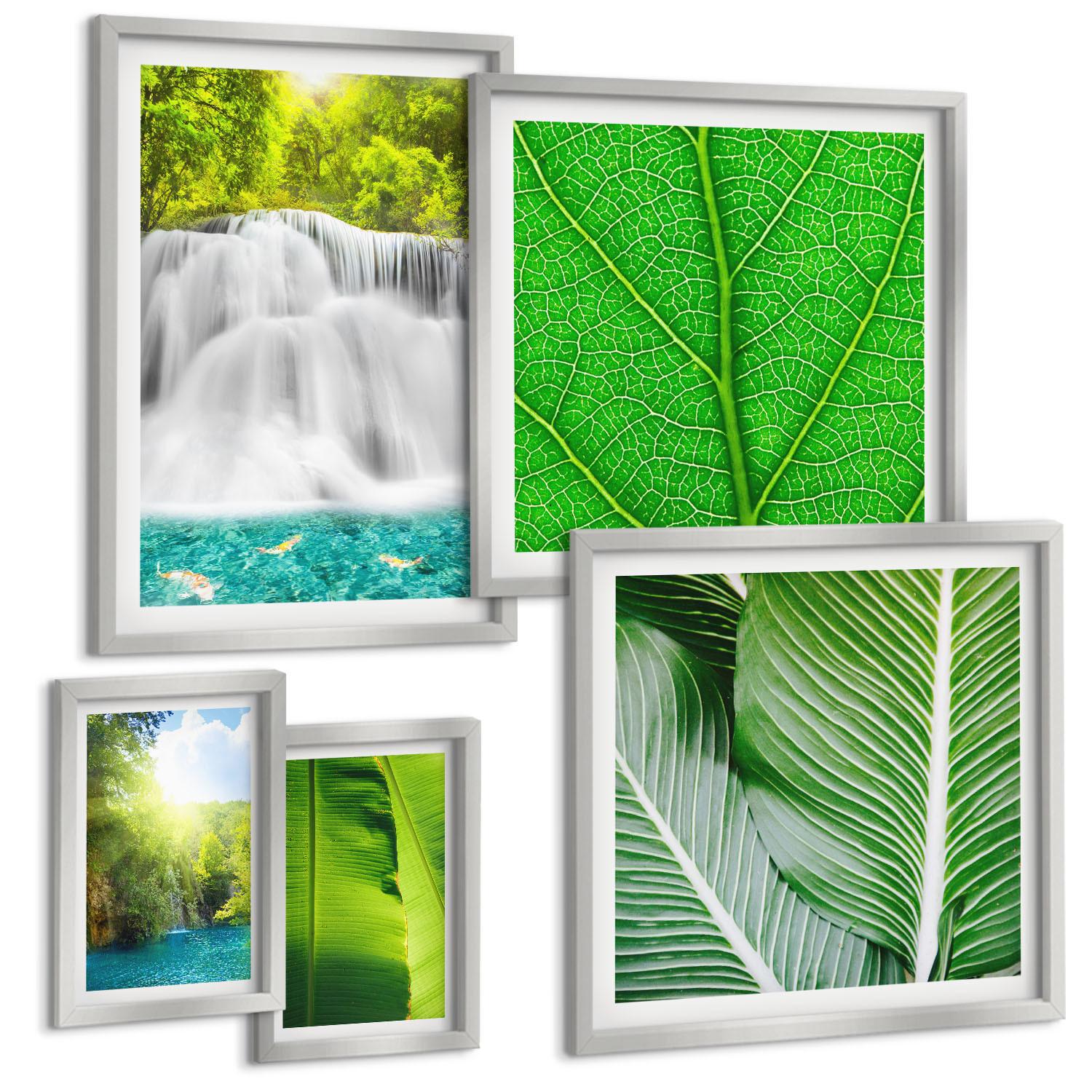 BILDER SET 5er Set - 50x50 cm & 20x30 cm & 40x60 cm Silberner Rahmen - Nahaufnahme von tropischen Blättern - Silberfarben, Kunststoff (40/60cm) - TULUP