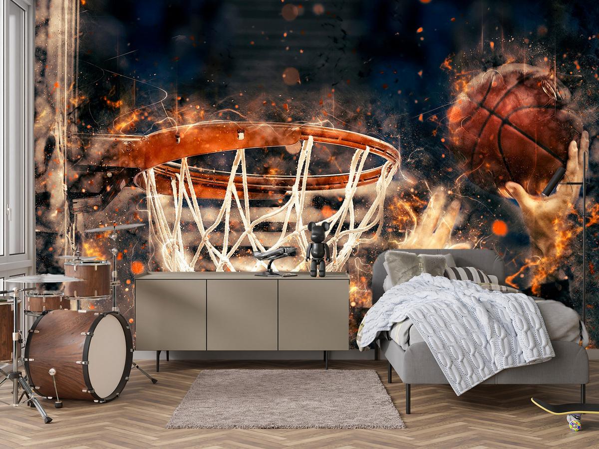 FOTOTAPETE für Jugendzimmer Aquarell Basketball Dunk Sport 400x280 - Beige/Schwarz, Papier (400/280cm) - Muralo