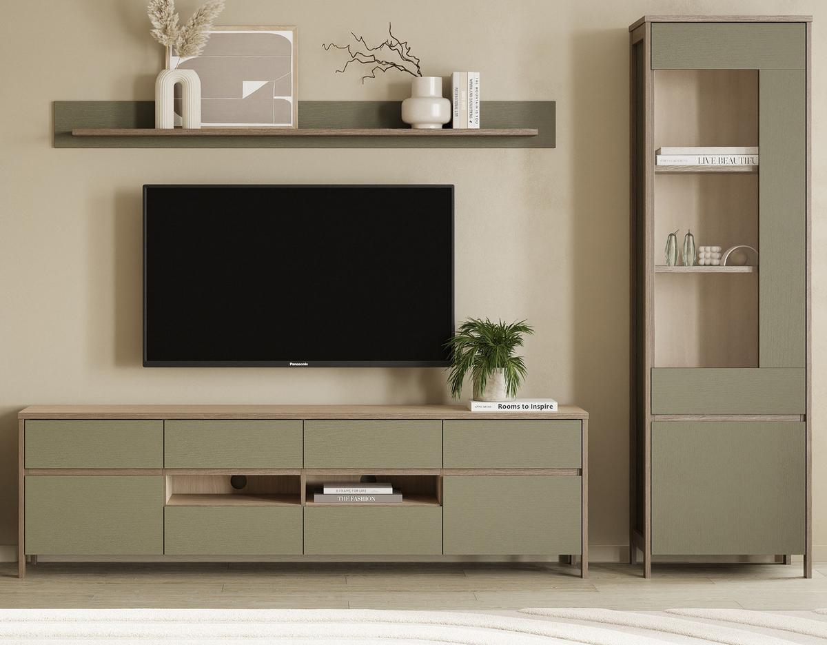 WOHNWAND Salbei grün, Eiche skandinavisch, Wohnkombination 3-teilig 266 cm mit Soft-Close - Salbeigrün/Eichefarben, Holzwerkstoff/Metall (266/195/39cm) - Furn.Design