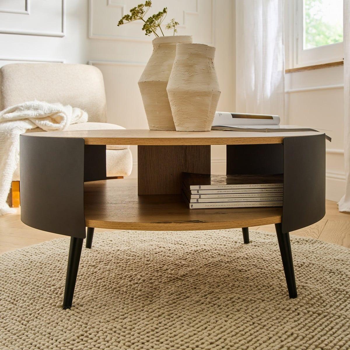 COUCHTISCH mit 2 Ebenen und schwarzen Metallseiten eklo 80/39/80 cm - Eichefarben, Holzwerkstoff (89/80/39cm) - Calicosy
