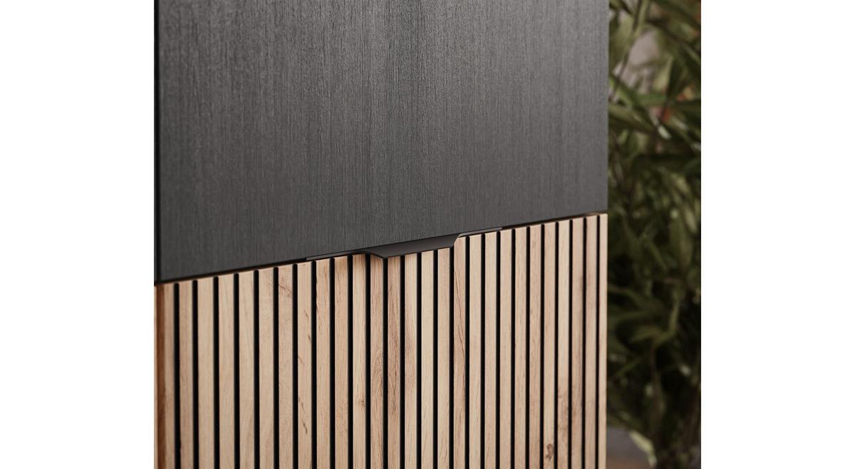 KLEIDERSCHRANK SANDBOX LOFT 300 303/49/200 cm Schwarzgraphit / Schwarzgraphit + Eiche Wotan + Schwarzes Glas mit LED 12 Zusatzböden - Eiche Wotan/Schwarz, Holzwerkstoff/Kunststoff (303/200/49cm) - Lookway