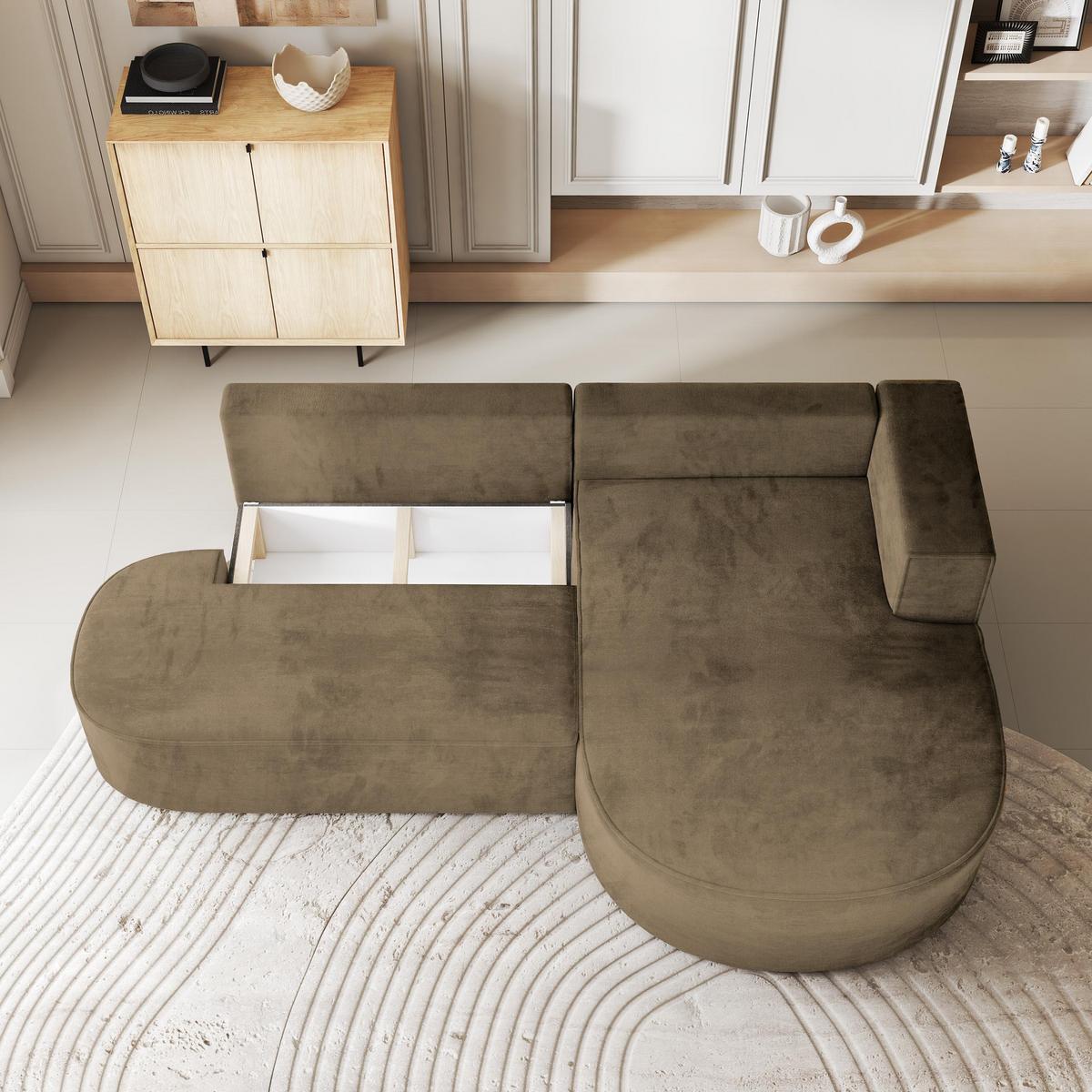 ECKSOFA CORTIO M R-S Beige Velours-Stoff mit Schlaffunktion - Beige/Grau, Holz/Kunststoff (265/174cm) - MASSENO