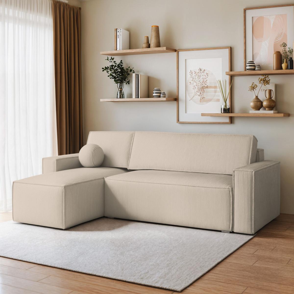 ECKSOFA RAVELO P Creme Kordstoff mit Schlaffunktion - Creme/Grau, Holz/Kunststoff (240/140cm) - MASSENO