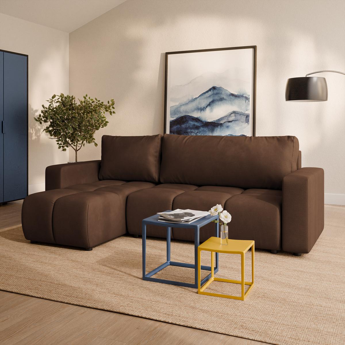 ECKSOFA RAMIL Braun Plüsch-Stoff mit Schlaffunktion - Braun, Holz (240/149cm) - MASSENO