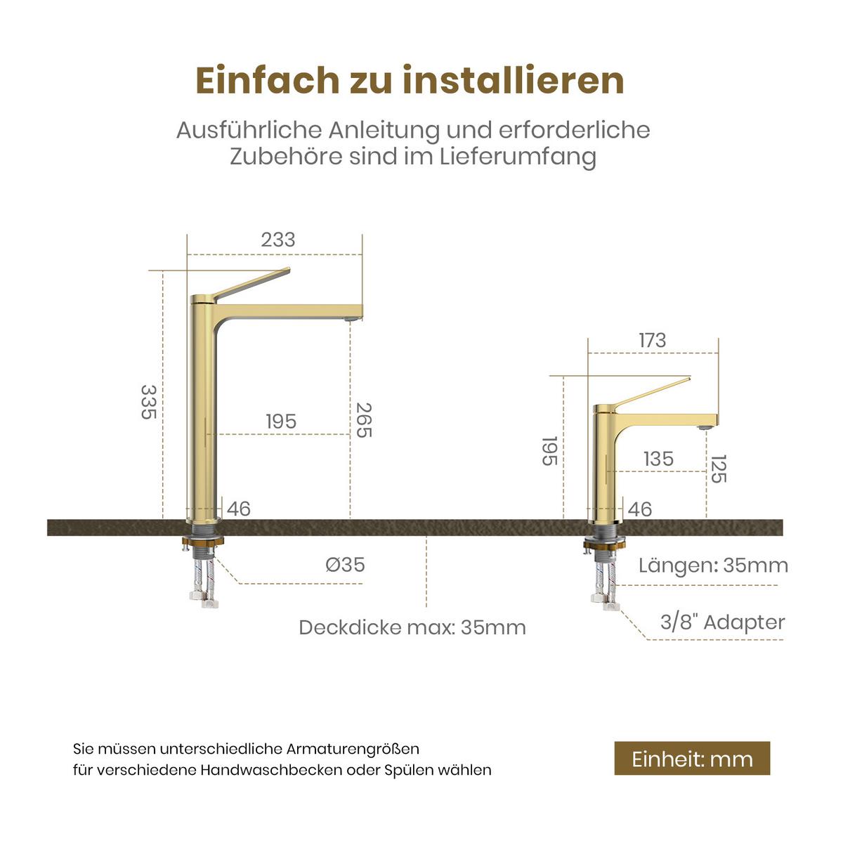 WASCHTISCHARMATUR mit Spulen-Zertifiziertem Filterelement Champagnergold 17,3/19,5 cm - Goldfarben, Metall (17.3/4.6/19.5cm) - EMKE