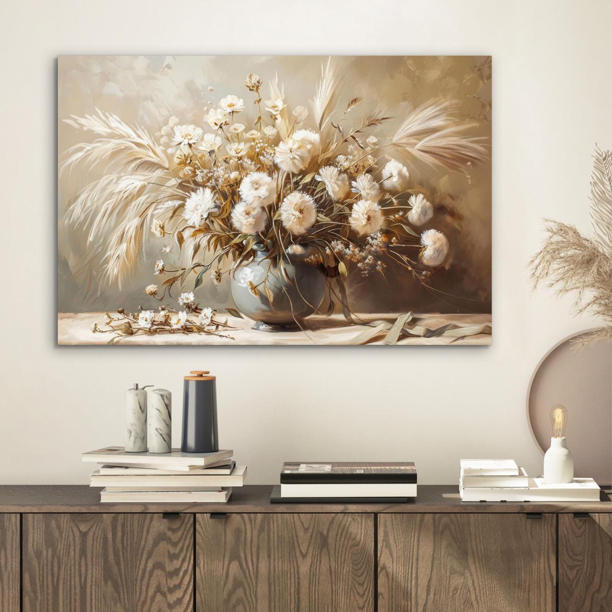 METALLBILD Blumen - Vase - Stilleben - Beige Wandbild 60x40 cm - Creme, Metall (60/40cm) - MuchoWow