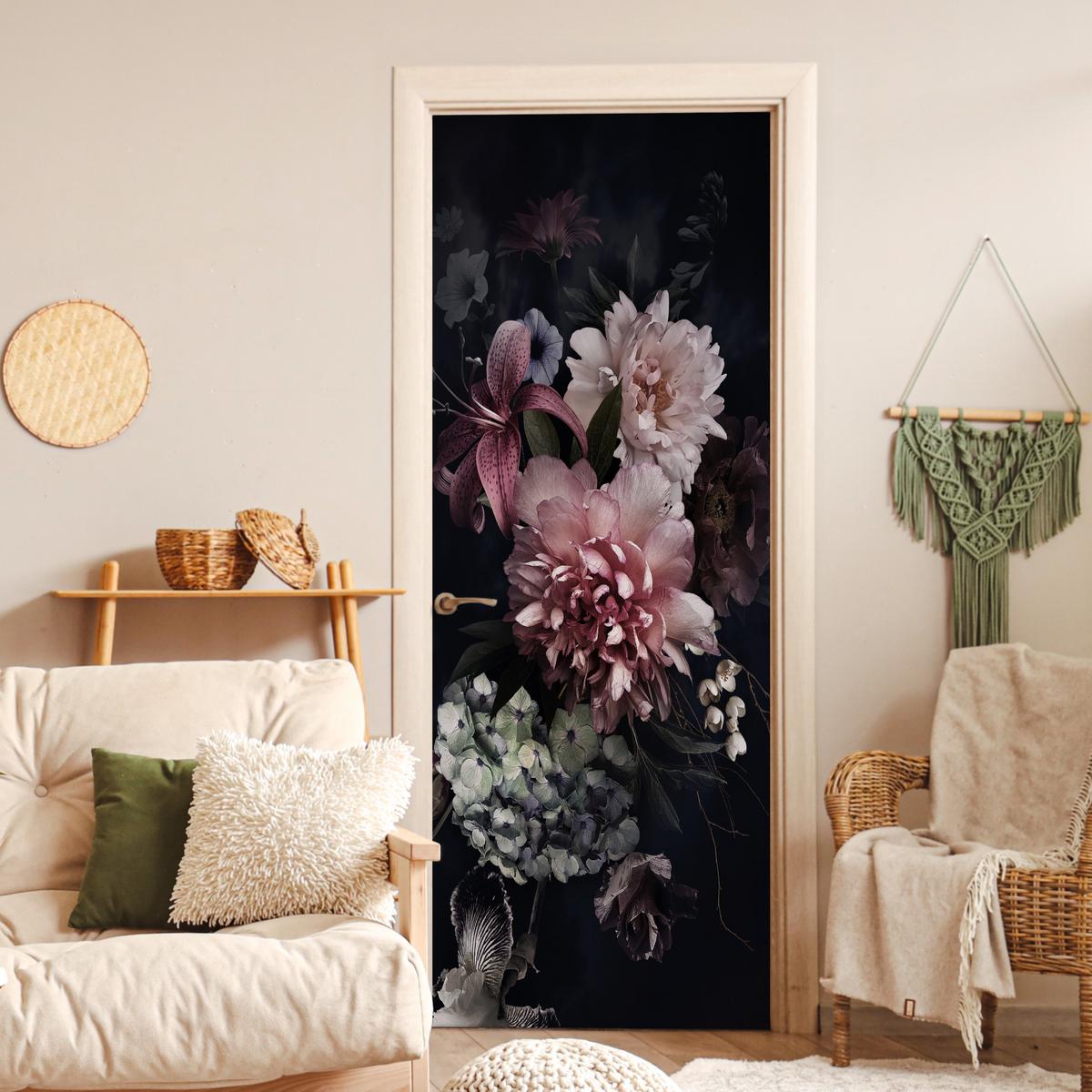 TÜRAUFKLEBER Blumen - Vintage - Pastell - Rosa - Weiß 90x235 cm - Türtapete - Altrosa, Kunststoff (90/0.1cm) - MuchoWow