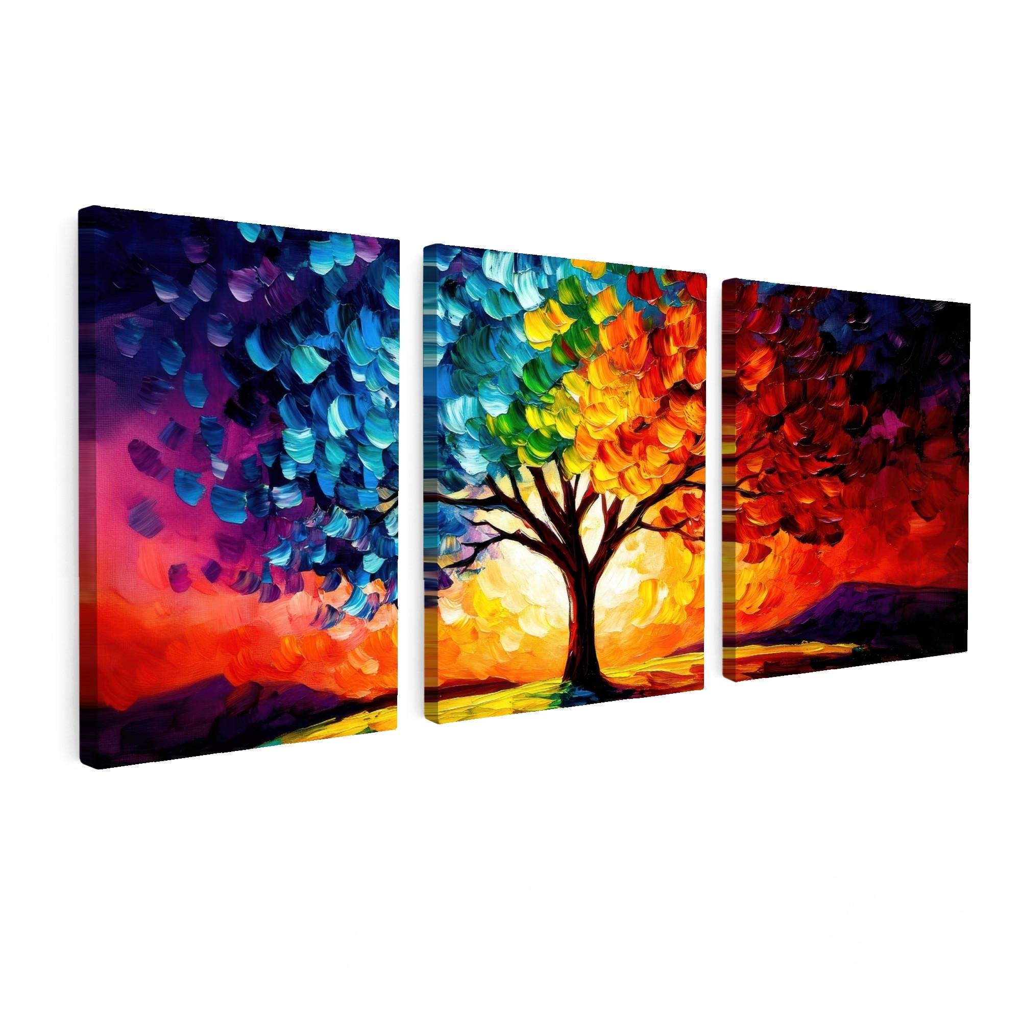 LEINWANDBILD 3er Set Baum - Farbenfroh - Malerei-Look - Abstrakt 180x80 cm - Multicolor, Textil (180/80cm) - MuchoWow