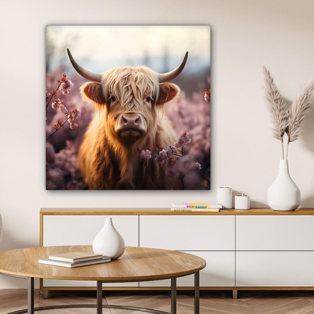 LEINWANDBILD Schottischer Hochländer - Frühling - Hochland Deko Groß 90x90 cm - Hellrosa, Textil (90/90cm) - MuchoWow