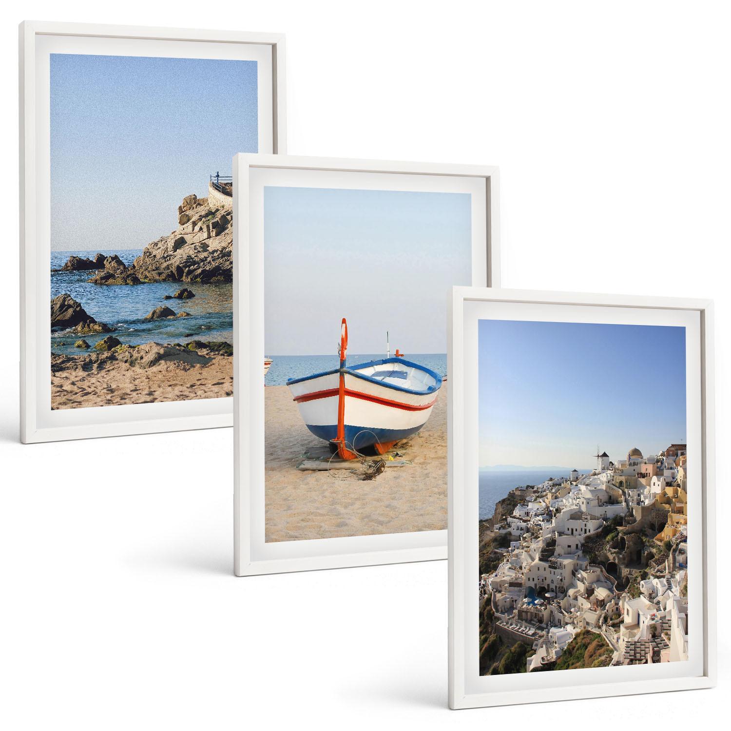BILDER SET 3er Set - 40x60 cm Weißer Rahmen - Ansichten von Griechenland mit einem Boot und Häusern - Weiß, Kunststoff (40/60cm) - TULUP