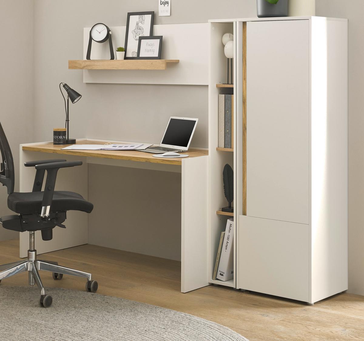 SCHREIBTISCHKOMBINATION 4-teilig weiß matt, Eiche Wotan 213 cm, Büromöbel Set mit viel Stauraum - Eichefarben/Eiche Wotan, Holzwerkstoff/Kunststoff (62/213/155cm) - Furn.Design
