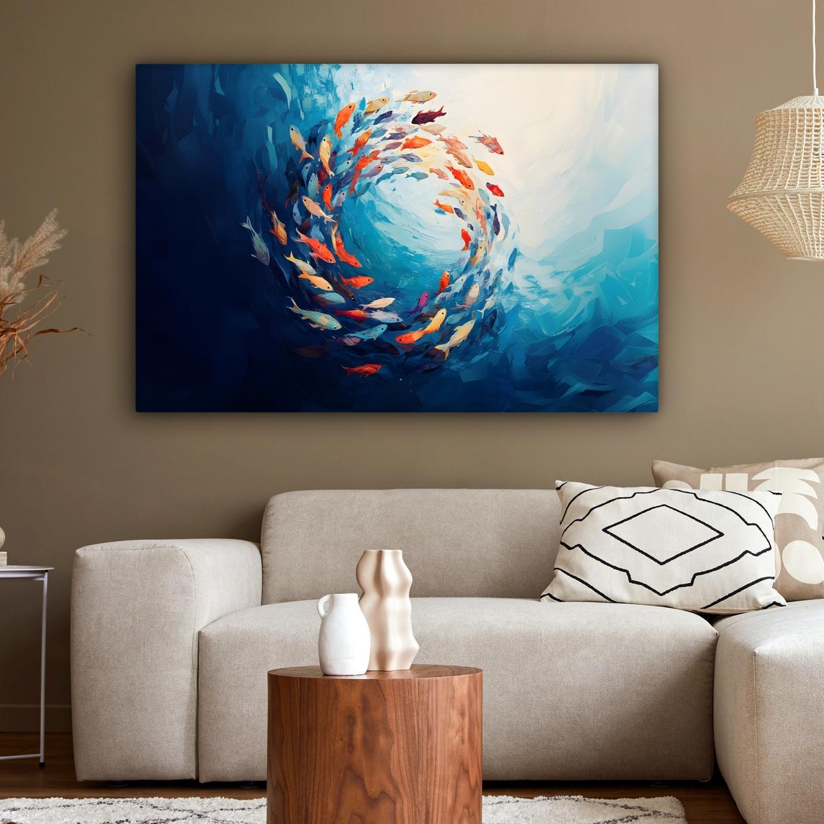 LEINWANDBILD Meer - Fische - Bunt - Dynamisch Wohnzimmer Groß 120x80 cm - Hellblau, Textil (120/80cm) - MuchoWow