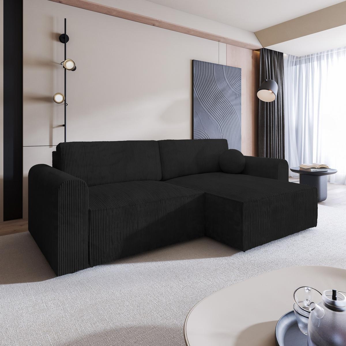 ECKSOFA FIANO P Schwarz Kordstoff mit Schlaffunktion - Schwarz/Grau, Holz/Kunststoff (245/148cm) - MASSENO
