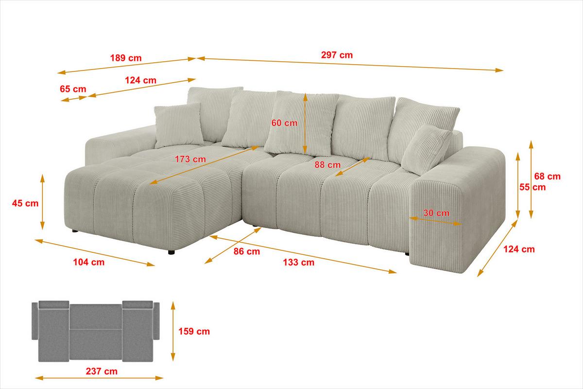 ECKSOFA Ottomane links ENIL-L 297x189x68 Creme Cord - Ecru/Creme, Holzwerkstoff/Kunststoff (297/189cm) - ALTDECOR