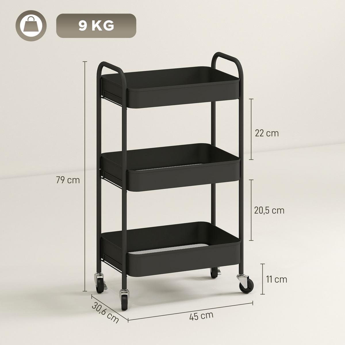 KÜCHENWAGEN Stahl Schwarz - Schwarz, Metall (30.6/79/45cm) - HOMCOM