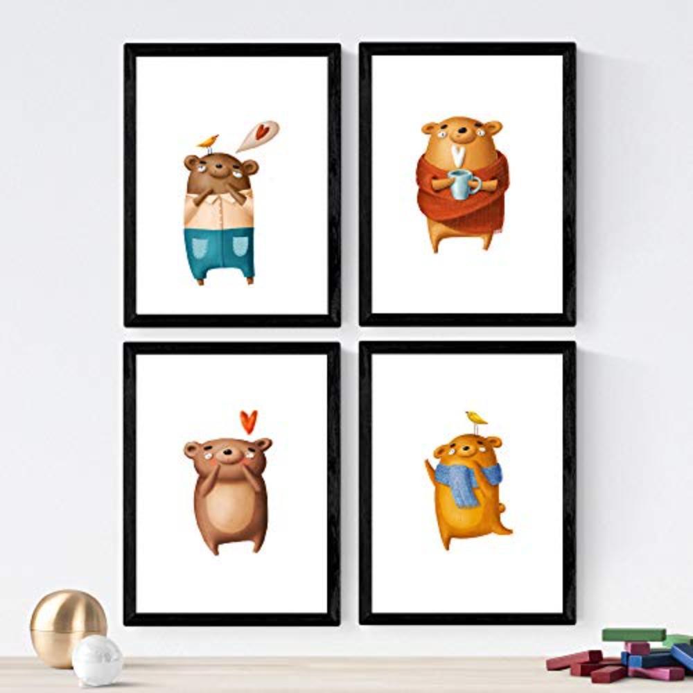 POSTER Set mit 4 Lustige Bären A3 Schwarzer Rahmen - Schwarz, Papier (29.7/3cm) - Nacnic