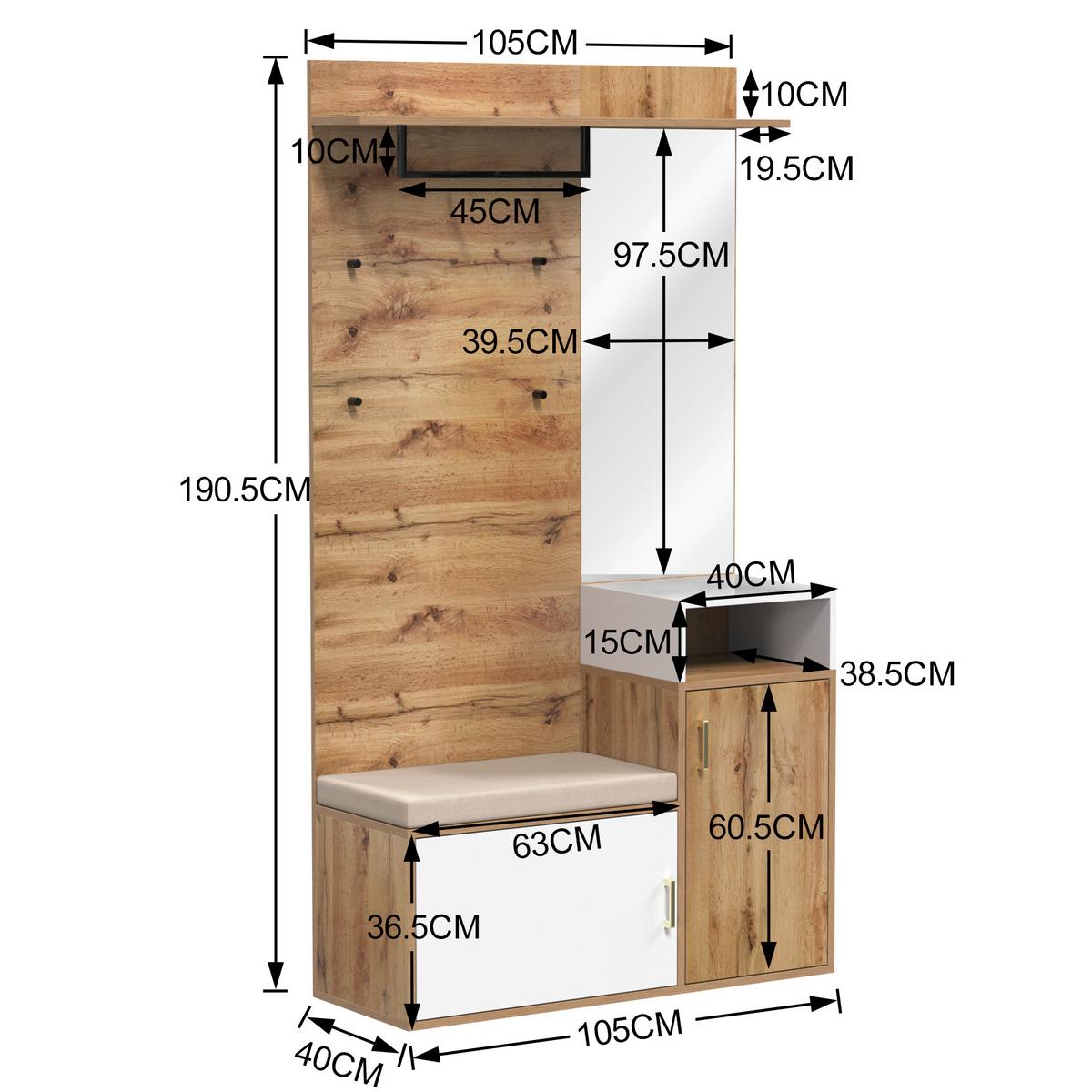GARDEROBEN-SET 105 cm in Weiß & Eiche-Optik – 3-teilige Flurkombination mit Spiegel, Schuhschrank & Wandpaneel - Naturfarben, Holzwerkstoff (105/190.5/40cm) - Urban Meuble