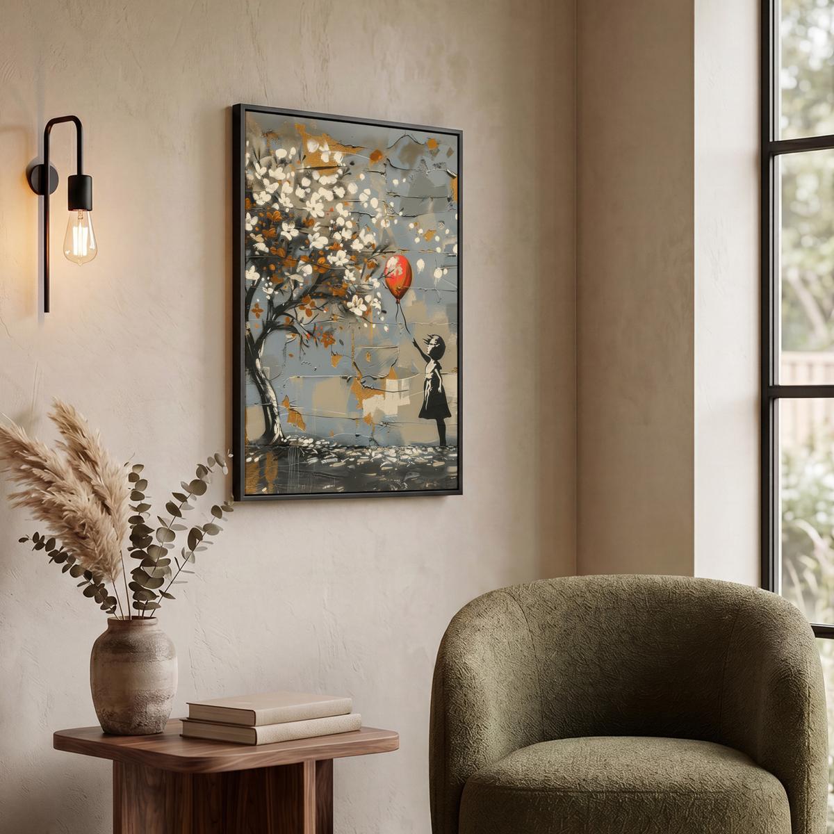 LEINWAND Bilder mit Rahmen - Baum - Graffiti - Banksy-Stil - Ballon-Mädchen - 50x70 - Blaugrau, Textil (50/70cm) - MuchoWow