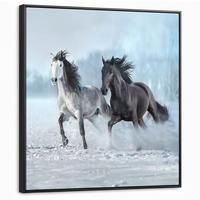 LEINWAND Bilder mit Rahmen - Pferde - Winter - Tiere - Natur - Schnee - 90x90 - Anthrazit, Textil (90/90cm) - MuchoWow