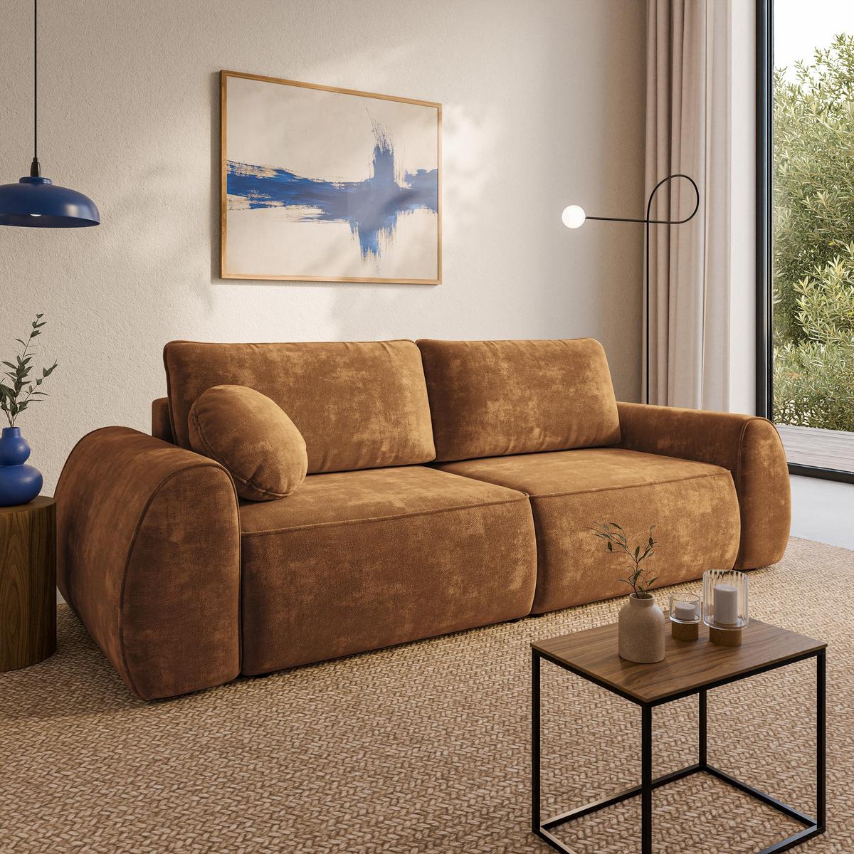BETTSOFA ZEFEO Hellbraun Chenille-Stoff mit Schlaffunktion - Hellbraun, Textil (264/96/106cm) - MASSENO