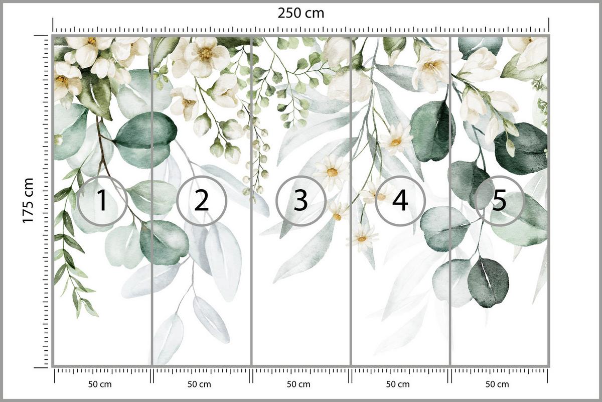 FOTOTAPETE für Schlafzimmer Aquarell Blätter Blumen Weiß 250x175 - Gelb/Weiß, Papier (250/175cm) - Muralo