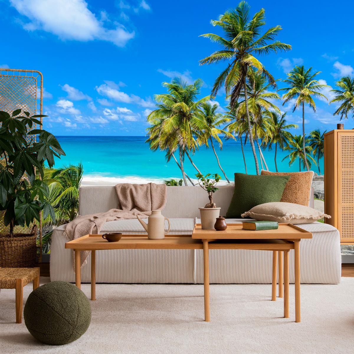 FOTOTAPETE Strand Palmen Ozean Landschaft 3D 300x210 - Blau/Beige, Papier (300/210cm) - Muralo