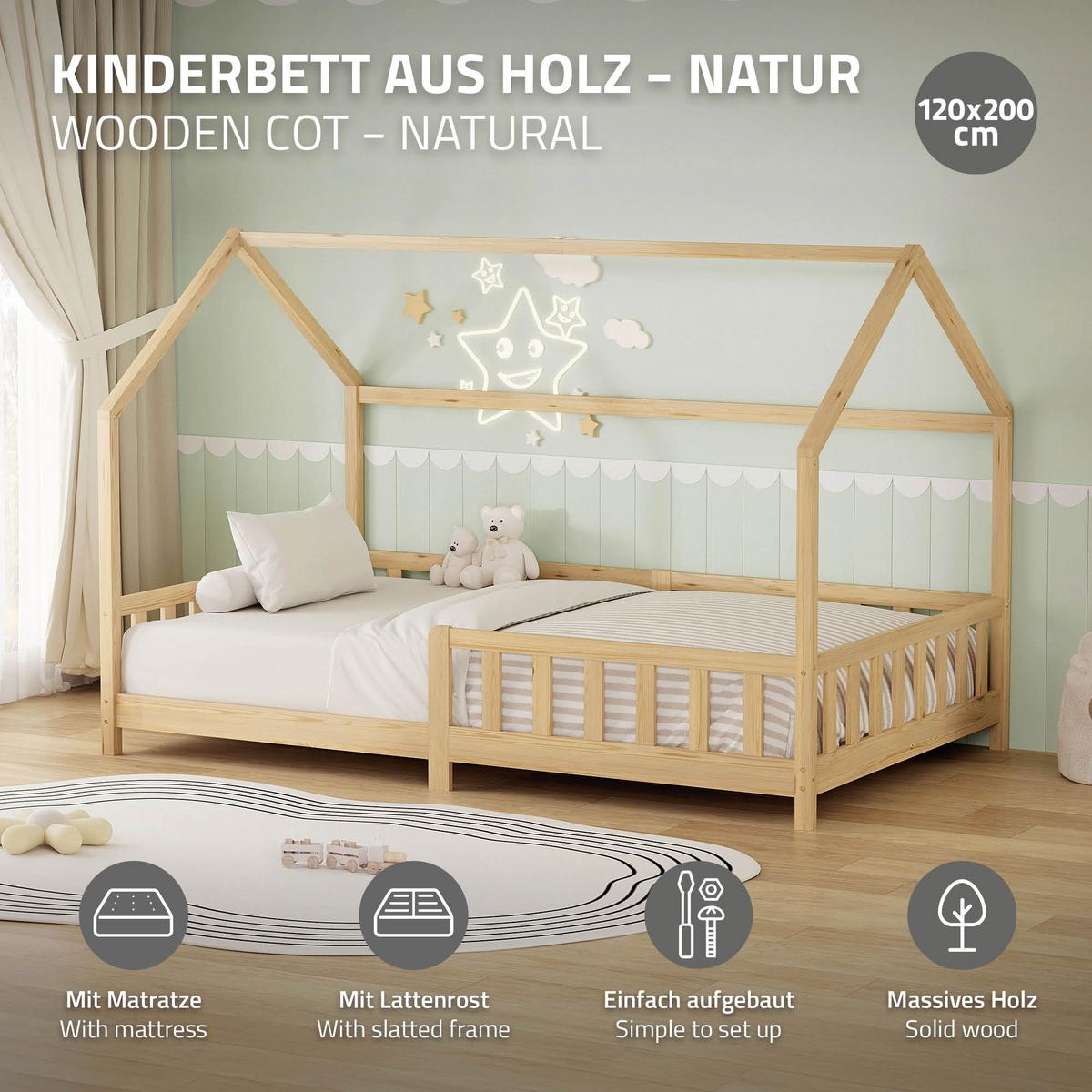 KINDERBETT 120x200 cm mit Matratze & Rausfallschutz Natur aus Kiefernholz - Naturfarben, Holz (120/200cm) - ML-DESIGN