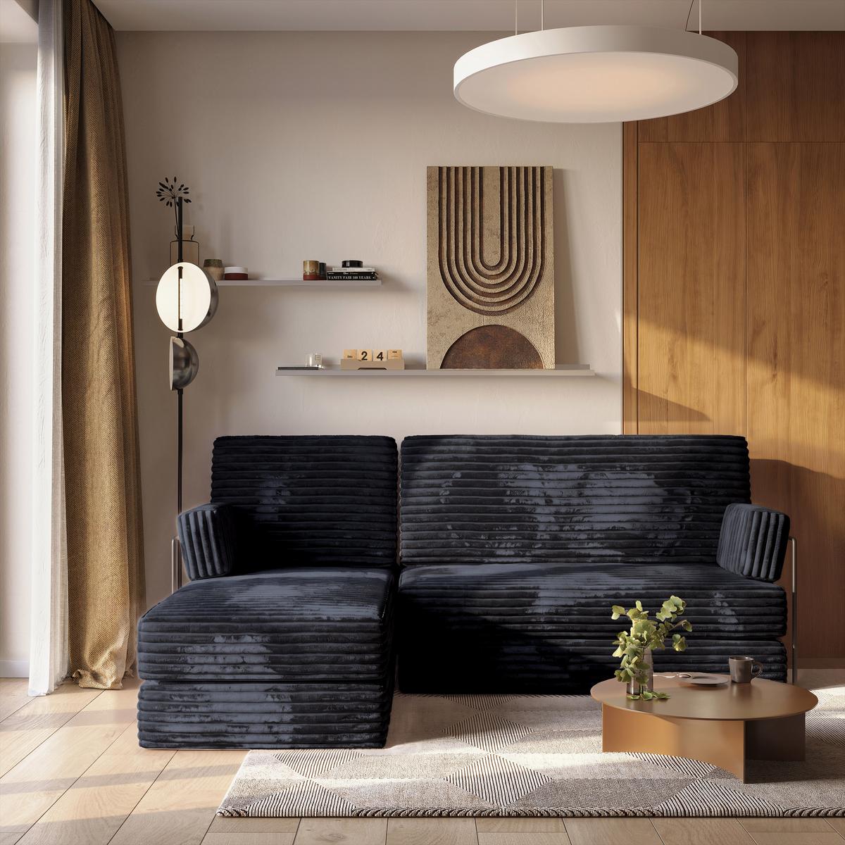 ECKSOFA NOTIA modulares Boneless Sofa mit Schlaffunktion Schwarz Kordstoff - Schwarz, Textil (200/120cm) - MASSENO
