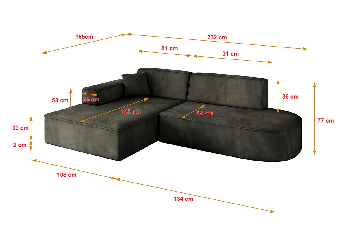 ECKSOFA Ottomane Links IREA-L1-v4 - 232x165x77 cm Schwarz - Schwarz, Holzwerkstoff/Textil (232/165cm) - ALTDECOR