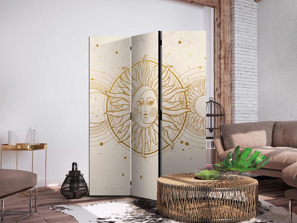 PARAVENT Beidseitig Bedruckter 3-tlg 135x172 cm Sonne Mond Boho Stil - Beige, Holz/Textil (135/172/3cm) - Muralo