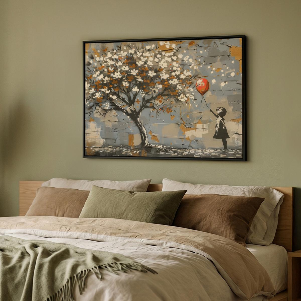 LEINWAND Bilder mit Rahmen - Baum - Graffiti - Banksy-Stil - Ballon-Mädchen - 100x70 - Blaugrau, Textil (100/70cm) - MuchoWow
