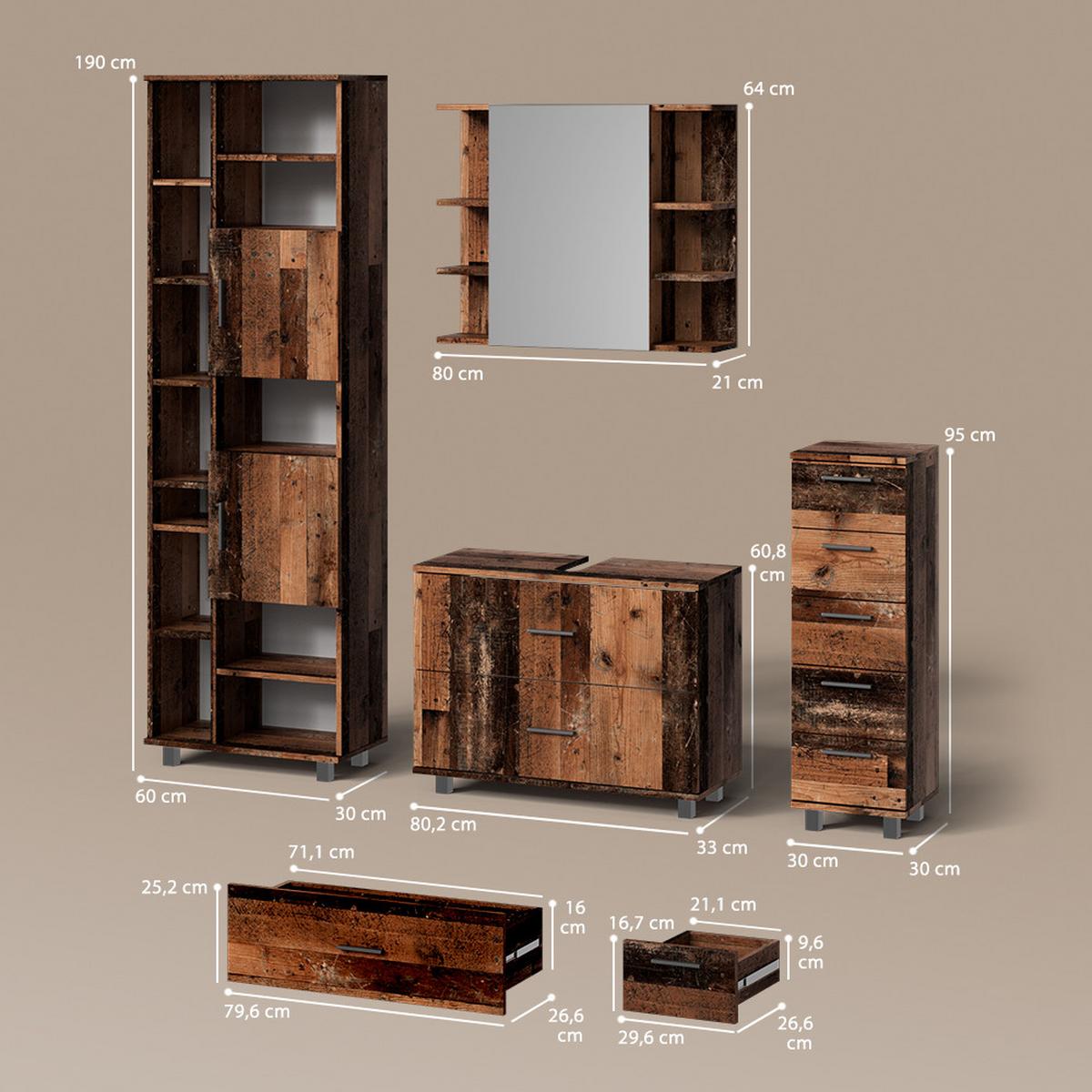 BADMÖBEL-SET Eisak Eiche rustikal 4 Teile, mit Hochschrank - Wildeiche, Holzwerkstoff (80/60/33cm) - Livinity®