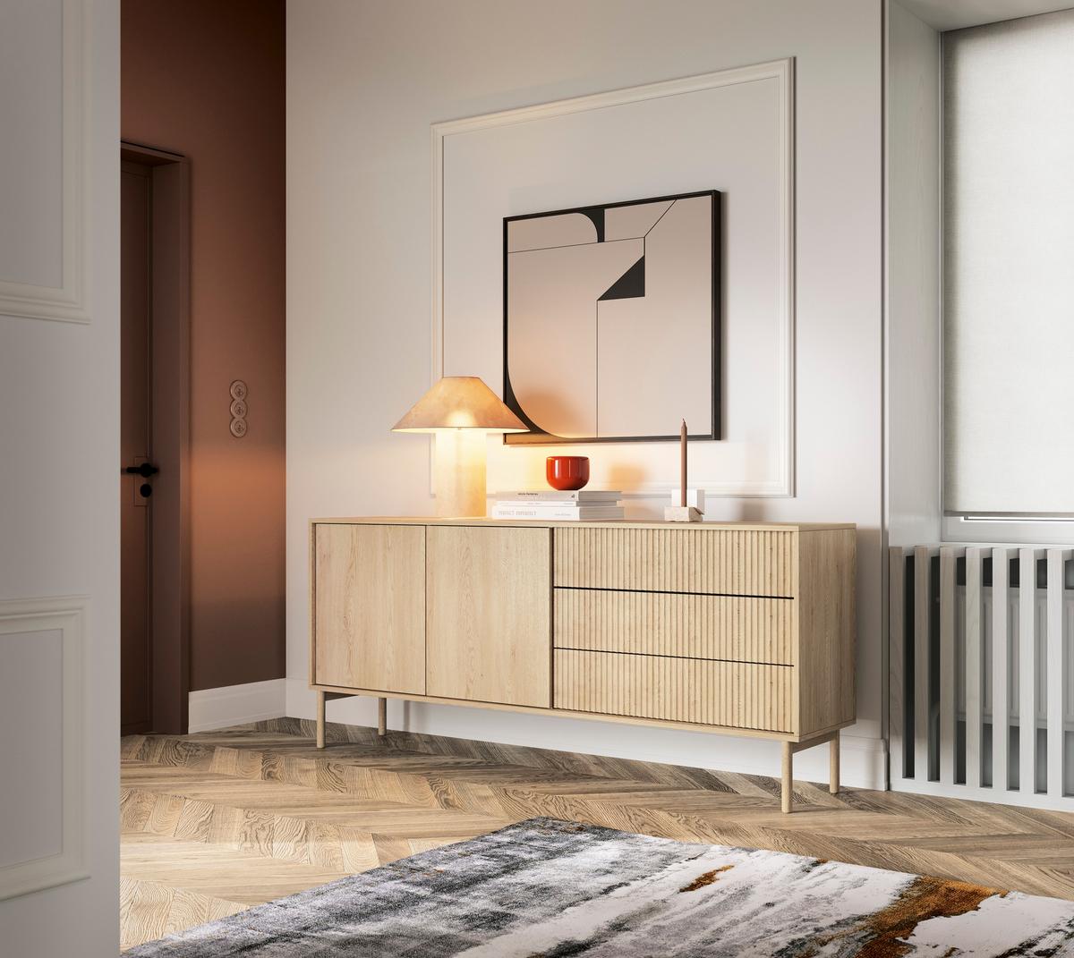SIDEBOARD ROCCO 187,1x39,5x79,8 cm mit 3 Schubladen und 2 Türen Eichefarben - Braun, Holzwerkstoff (187.1/79.8/39.5cm) - MASSENO