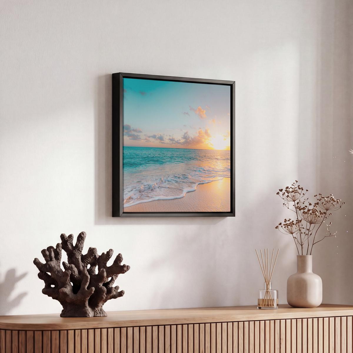LEINWAND Bilder mit Rahmen - Sonnenuntergang - Strand - Meer - Sommer - Blau - 20x20 - Multicolor, Textil (20/20cm) - MuchoWow