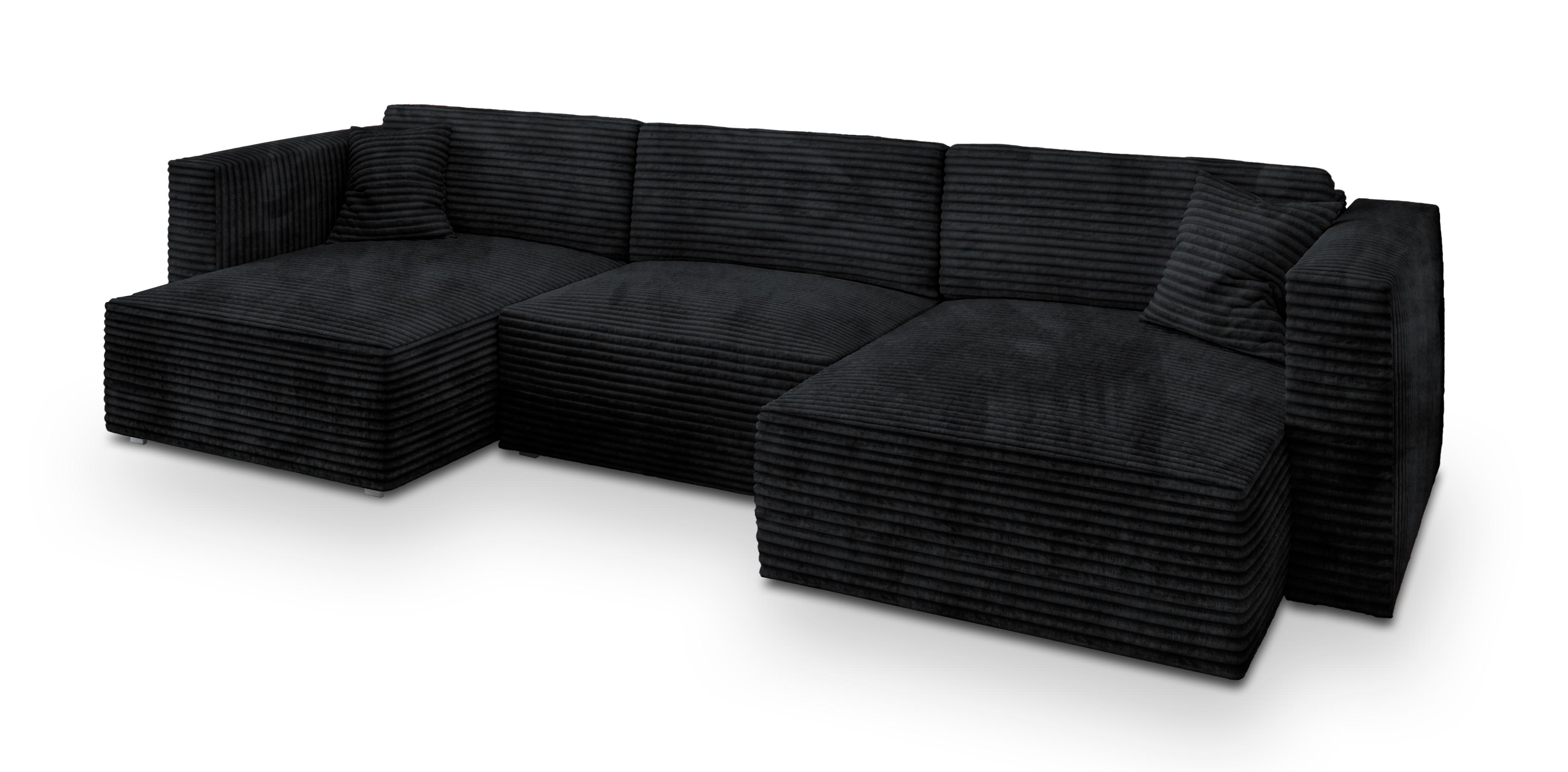 WOHNLANDSCHAFT SARMO Schwarz Kordstoff mit Schlaffunktion - Schwarz/Grau, Holz/Kunststoff (347/90/148cm) - MASSENO