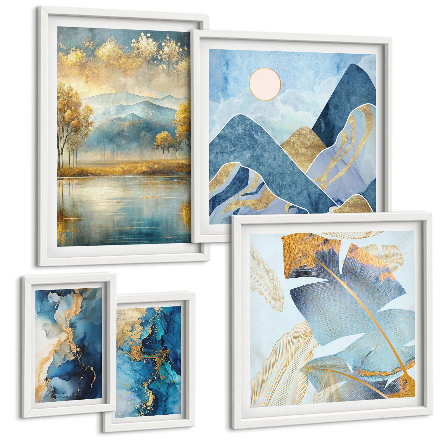 BILDER SET 5er Set - 50x50 cm & 20x30 cm & 40x60 cm Weißer Rahmen - Goldmuster in den blauen Bergen - Weiß, Kunststoff (40/60cm) - TULUP