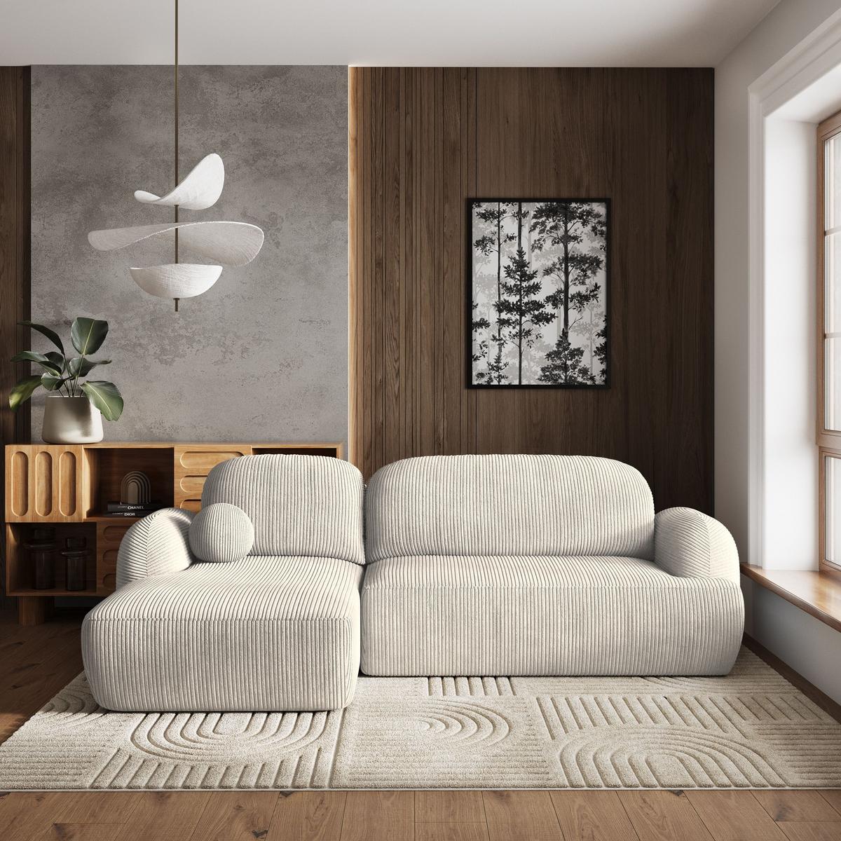 ECKSOFA MODENZA P L-S Creme Kordstoff mit Schlaffunktion - Creme/Schwarz, Holz/Kunststoff (266/148cm) - MASSENO